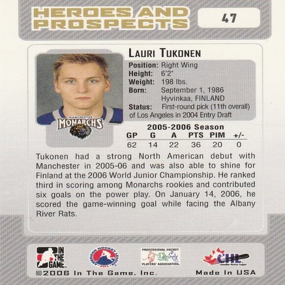 Lauri Tukonen - 2006 ITG Heroes & Prospects Hockey Card - Picture 2 of 2